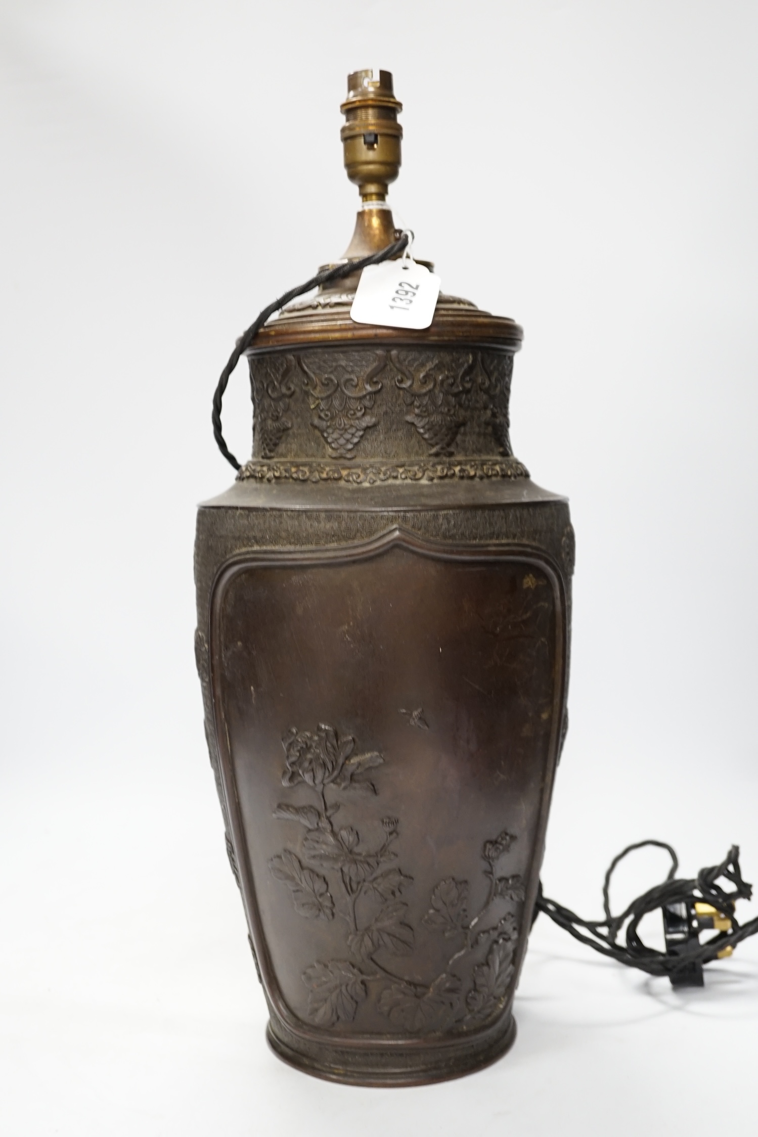 A Japanese bronze vase, converted to a lamp, 52cm high